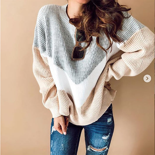 Autumn And Winter Striped Top Contrast Color Sweater Women's Clothing