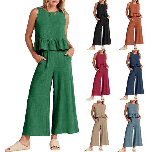 Casual Suit Summer Sleeveless Pleated Vest And Wide-leg Cropped Pants Fashion Two Piece Sets Women
